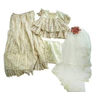 Vintage Baptism Christening Infant Gown Detachable Train w/ Veil Ivory Doll